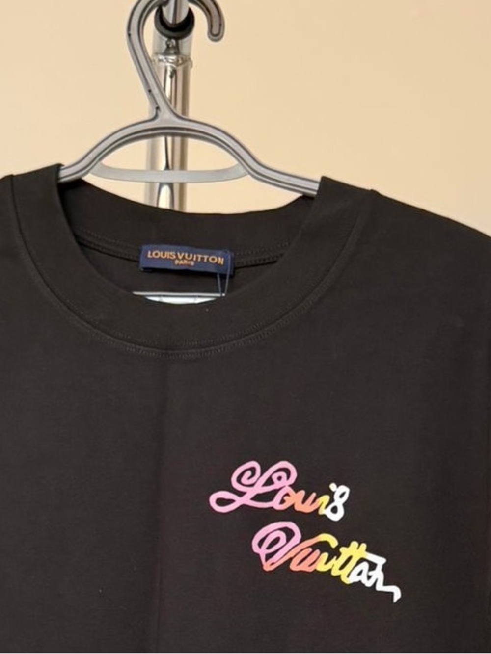 Louis Vuitton Black Tee with Pink and Yellow Script